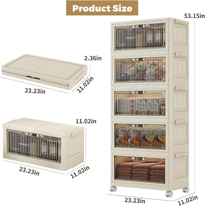 5 Tier - 48QT Storage Bins with Lids, Collapsible Storage Bins with Doors and Wheels, Plastic Storage Cabinet for Easy Storage and Organization for Living Room, Office