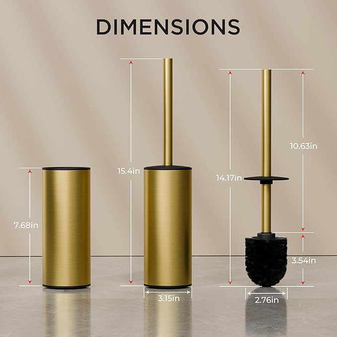 FORIOUS Toilet Brush and Holder Set, 304 Stainless Steel Long Handle and Heavy Duty Base for Bathroom Deep Cleaning, Drip-Proof, Space Saving for Storage, 2 Toilet Bowl Brush Head, Dark Gold