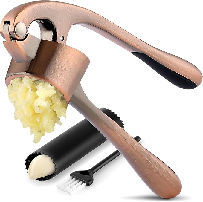 Zulay Kitchen Large Premium Garlic Press Set - Bigger Bowl for Bigger Garlic - Rust Proof & Dishwasher Safe Garlic Mincer Tool - Easy-Squeeze, Easy-Clean Silicone Garlic Peeler & Brush (Copper)