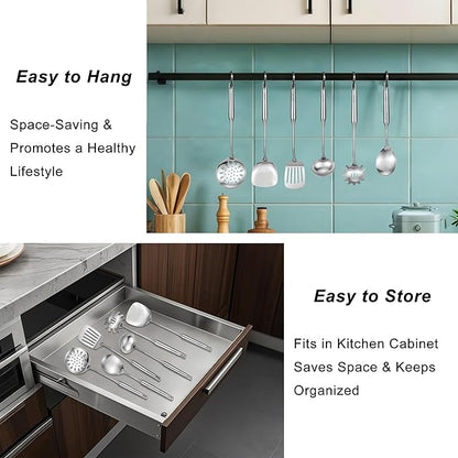 304 18/10 Stainless Steel Kitchen Utensils Set 9 Pcs Long Cooking Utensil, Spatula, Soup spoon, Leaking shovel, Ladle, Tunner, Pasta Server, Meat Fork Kitchen Tools Set (9 Pieces Set)