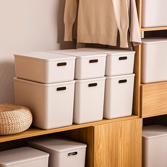 Plastic Storage Bins with lids,Storage Baskets,Container with handle,Storage Organizer Bins for Shelves,Office,Bedrooms,Closets, Cabinets(Gray, 3M)