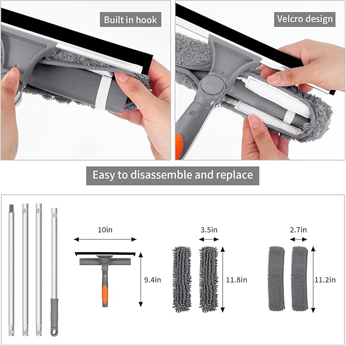 Professional 72'' Window Squeegee Cleaning Washing Tool/Kit with Extension Pole, 3 in 1 Squeegee for Window Cleaning Kit for High Window with 1 Rotatable Head 4 Interchangeable Scrubber