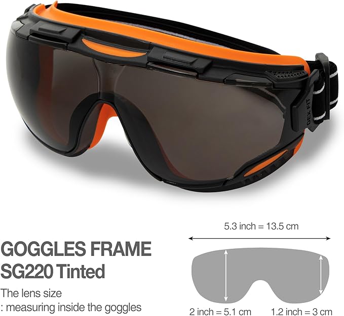 DEX FIT Protective Safety Goggles SG220; Anti Fog & Scratch, Z87 Eye Protection for Work, Adjustable for Women and Men, (Black & Orange Frame, Tinted Lens, 19cm Strap)