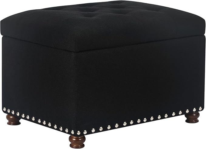 Joveco Storage Ottoman Bench, Rectangle 24″ Linen Foot Rest Stool Square Footstool for Living Room, Bedroom, Black