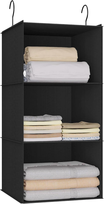 Hanging Closet Organizer - 3-Shelf, Easy Mount Foldable Wardrobe Storage Shelves for Clothes, Handbags, Shoes & Accessories - Washable Oxford Cloth Fabric, Black