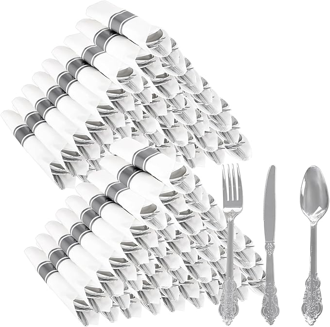 WELLIFE 50 Pack Silver Plastic Silverware, Plastic Cutlery Set Include 50 Forks, 50 Knives, 50 Spoons and 50 Pre Rolled Napkins, Disposable Utensils for Party and Wedding