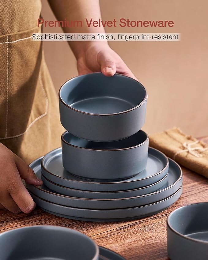 Famiware Nebula Ridge Stoneware Dinnerware Sets, Plates and Bowls Sets for 4, 12 Pieces Dishes Set, Microwave and Dishwasher Safe Kitchen Plates, Charcoal