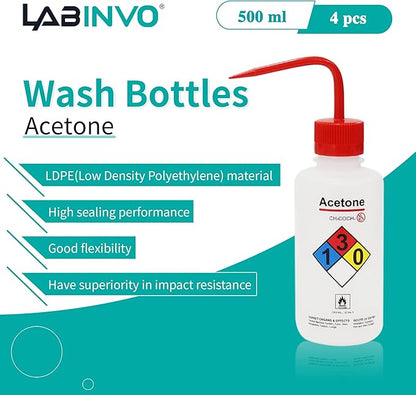 4pcs of Acetone Wash Bottles, Vol.500ml (17oz), Narrow Mouth, Self-Venting Safety Wash Bottles, LDPE Material, IN-WBA500