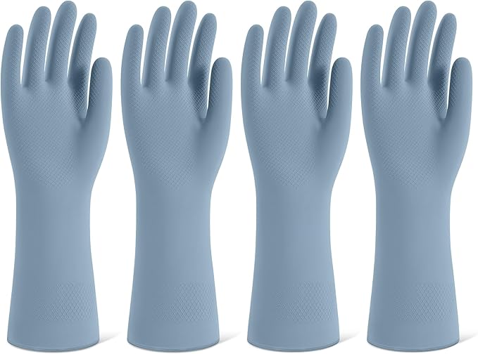Rubber Cleaning Gloves for Dishwashing, 4 Pairs Reusable Kitchen Gloves for Washing Dishes and Household Cleaning, Blue Dish Gloves with Flocked Lining and Non-Slip Grip, Pefect for Woman Men - M