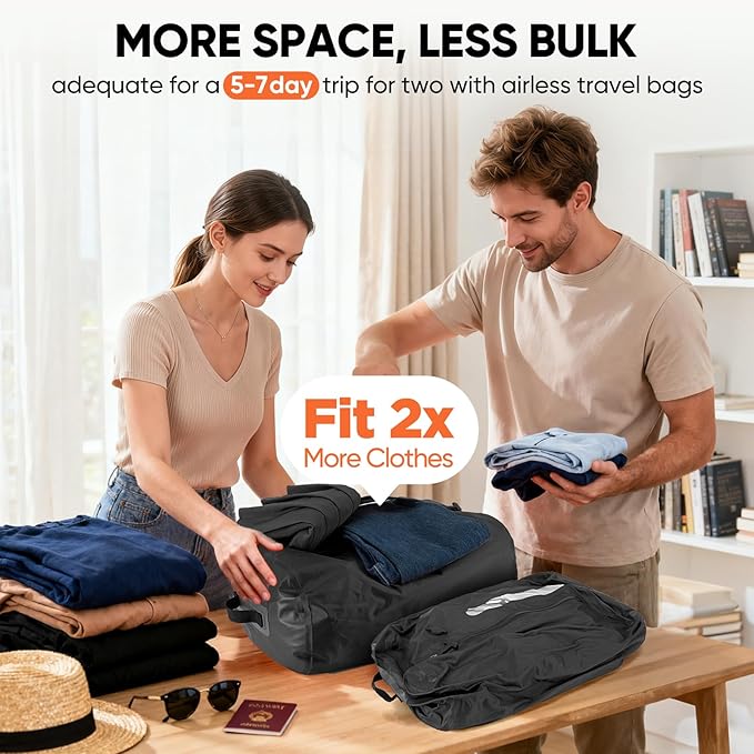 Vacuum Bags for Travel With Pump, Reusable Vacuum Packing Cubes for Traveler, Compression Bags for Clothes, IP68 Waterproof Airless Travel Bags for Storage, Luggage, Backpack & Suitcase (2PC + Pump)