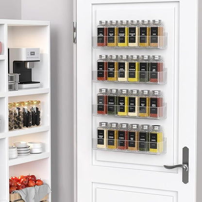 PMMASTO Adhesive Acrylic Spice Rack Organizer with 12 Empty Square Spice Jars, 238 Spice Labels with Chalk Marker and Funnel Complete Set for Kitchen Cabinet/Pantry Door (Clear - 2 Pack)