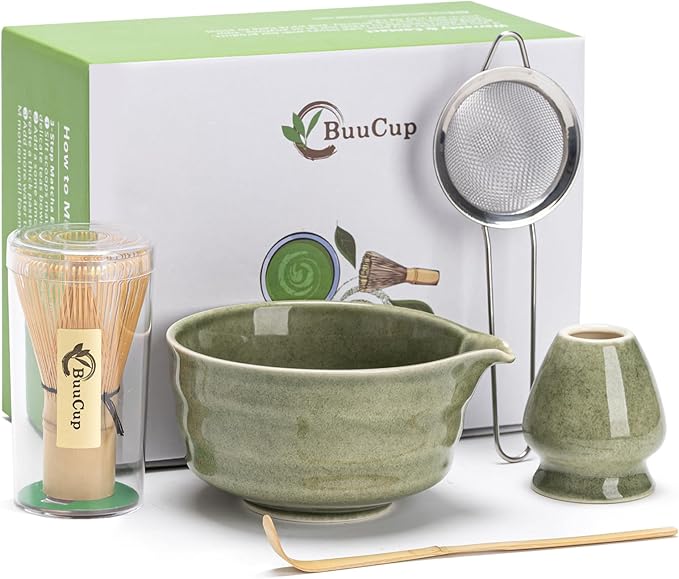 Matcha Set, Matcha Bowl with Spout, Matcha Whisk and Holder, Bamboo matcha Scoop and Stainless Sifter - 5 Pcs Jade Green Matcha Set Kit for Matcha Lover