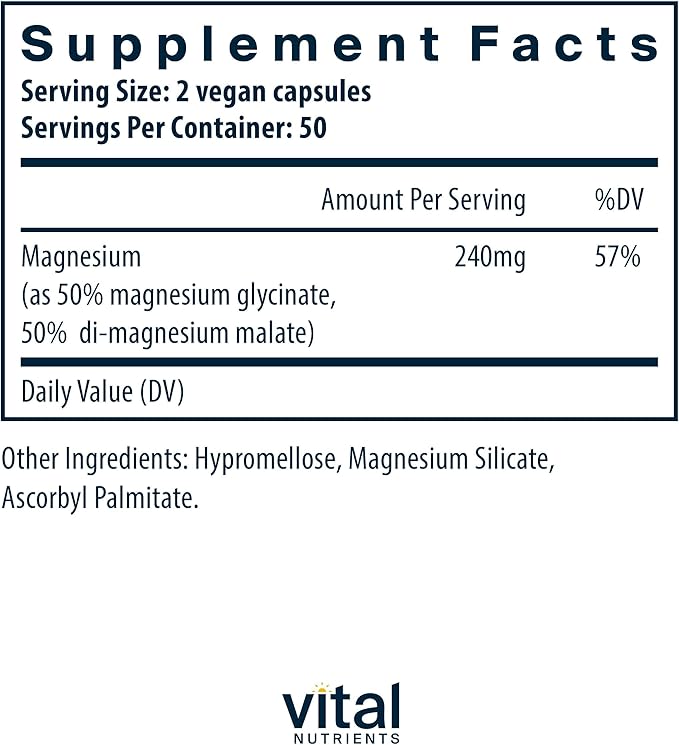 Vital Nutrients Magnesium Glycinate + Malate | 120mg Vegan Magnesium Supplement for Women and Men | Muscle, Heart, Bone Support* | Promotes Relaxation | Gluten, Dairy and Soy Free | 100 Capsules