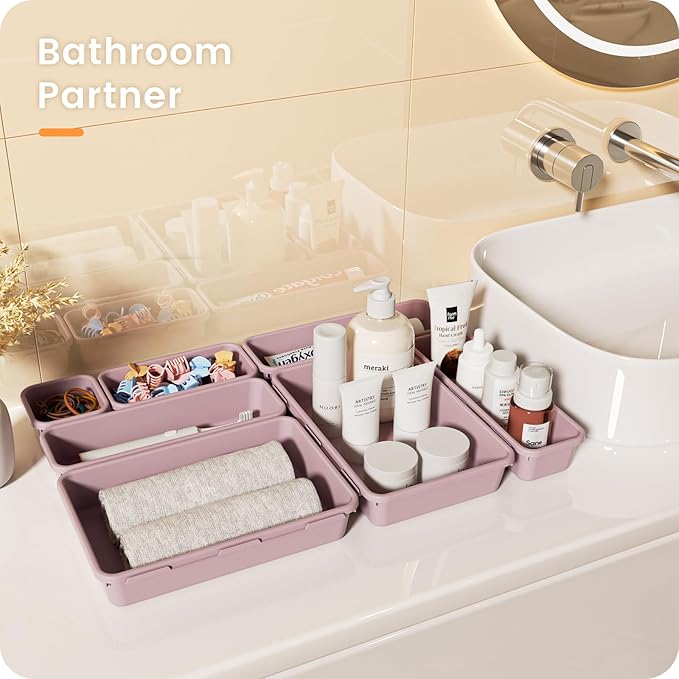 A-LuGei 【28PCS】 Drawer Organizer, Bathroom Organizers and Storage, Makeup organizer, Desk drawer organizer, Storage Bins for Kitchen Office Bedroom Vanity Jewelry Pantry Garage【Purple】【4Size】
