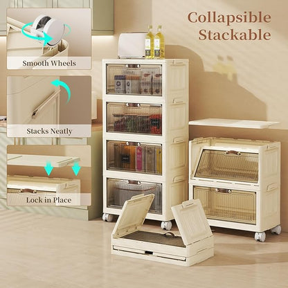 3 Tier - 48QT Storage Bins with Lids, Collapsible Storage Bins with Doors and Wheels, Plastic Storage Cabinet for Easy Storage and Organization for Living Room, Office