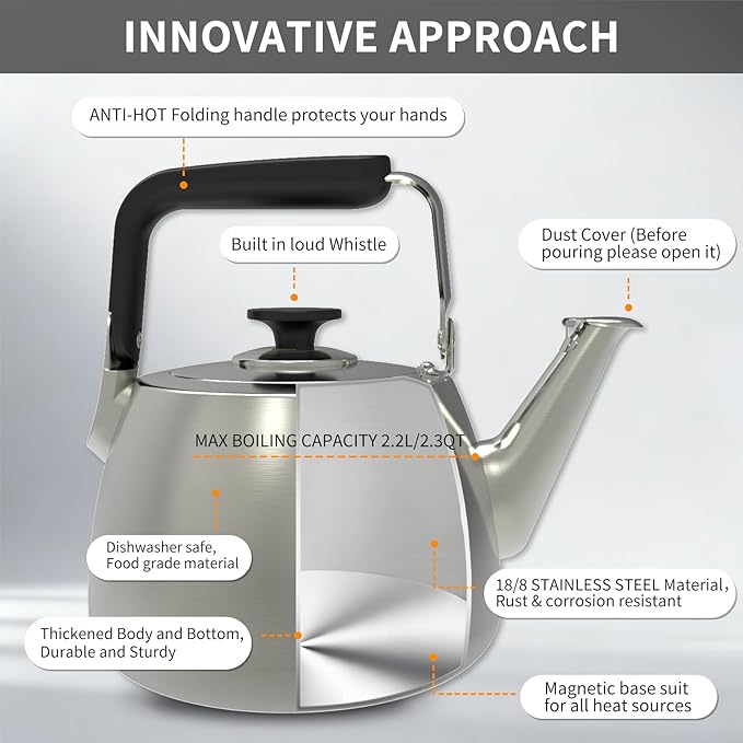 Tea Kettle, Whistling Stovetop Tea Kettle, Large Capacity Teapot Suits for All Heat Source, Professional Fast Heat Technique Teapot with Thick Body and Bottom, Durable and Sturdy Tea Pot