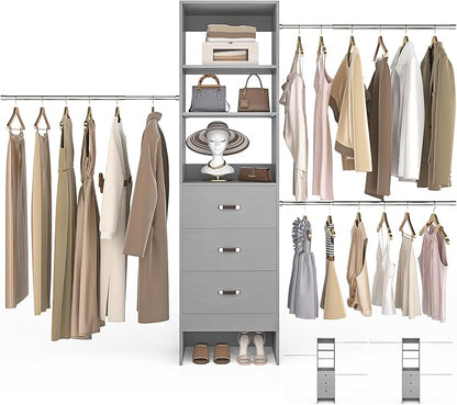 96'' Closet Organizer System with 3 Hanging Rods (Without 3 Storage Shelves), 8FT Closet Systems, Wall Mount Bedroom Wardrobe with 3 Wood Drawers, Adjustable Garment Rack from 5 to 8FT, Grey