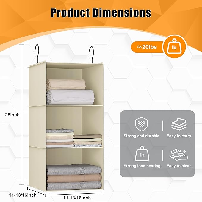Hanging Closet Organizer and Storage 3-Shelf, Easy Mount Foldable Hanging Closet Wardrobe Storage Shelves, Clothes Handbag Shoes Accessories Storage, Washable Oxford Cloth Fabric, Beige