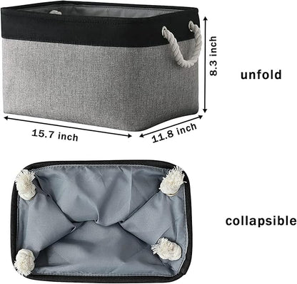 TcaFmac Storage Basket for Organizing - Large 4 Pack Canvas Decorative Storage Bins Baskets for Shelves with Ropes, Foldable Storage Cubes for Closet Cloth Toy Linen(Black & Grey 16x12x8 inch)