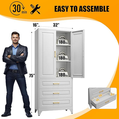 75" Tall Metal Storage Cabinet, Kitchen Pantry Storage Cabinets with Doors and Shelves, White Pantry Cabinet with 3 Drawer, Utility Kitchen Cupboard, Large Steel Cabinets for Living Room