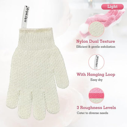 Evridwear Exfoliating Gloves for Shower, 100% Nylon Thick Soft Medium Heavy Bathing Gloves Dead Skin Remover Body Scrubber Smooth Skin with Hang Loop, 1 Pair Light White