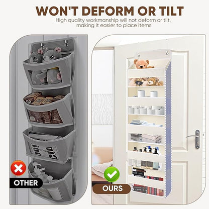 QINGUANG Over The Door Organizer,Hanging Organization and Storage, Behind Door Organizer with Side Pockets, 44 lbs Capacity,Anti Tilt, for Nursery, Bathroom, Bedroom,Dorm 5-Shelf Beige