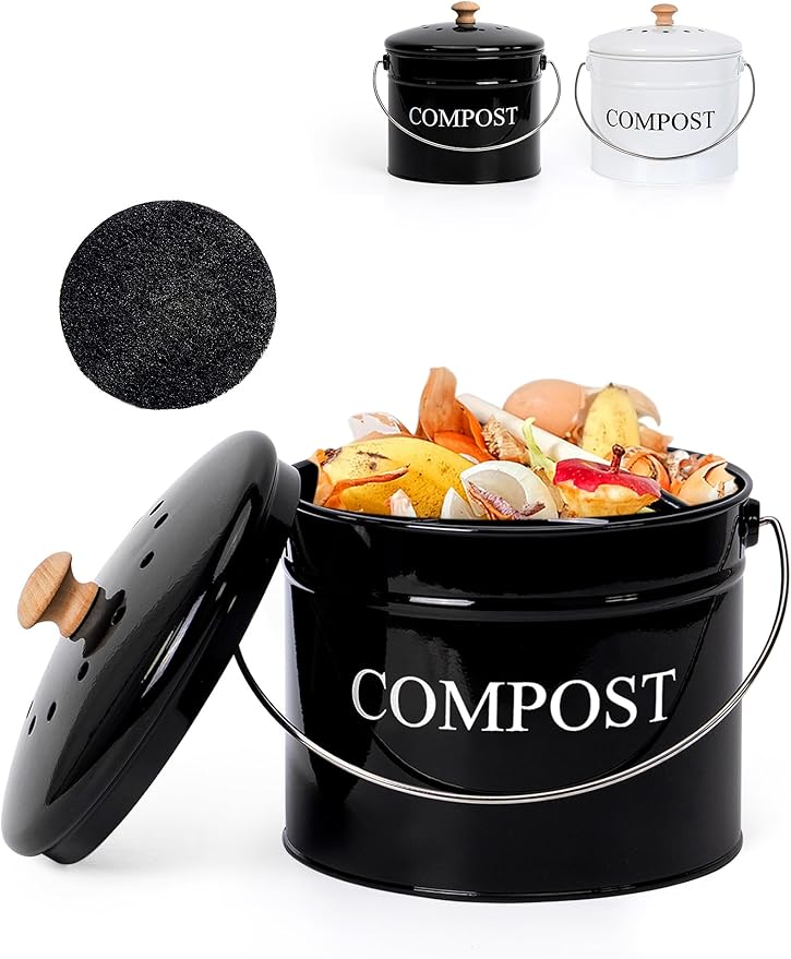 Compost Bin - 1 Gallon Countertop Composter with Lid and Charcoal Filters, Rust Proof Indoor Bucket for Kitchen Food Waste