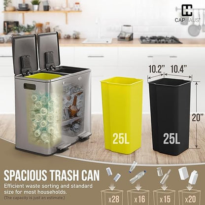 CAPHAUS Dual Trash Can with Double Lid, Trash and Recycle Bins Combo, Hands-free Stainless-Steel Garbage Can for Kitchen, with 2 Compartment, Hinged Lid, Odor Filters, Handles, 25L+25L, 2 x 6.6 Gallon
