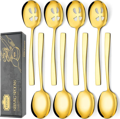 8 Piece Stainless Steel Serving Spoons Set - 4 Large, 4 Slotted, 9.2-Inch, Dishwasher Safe, for Parties/Kitchen/Buffet/Catering,Gold