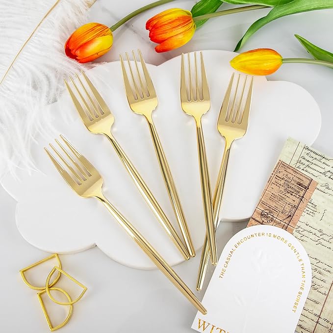 U-QE 60Pcs Gold Plastic Forks - Heavy Duty Plastic Forks Disposable - 7.6 Inch Gold Disposable Forks - Luxurious Plastic Silverware Perfect for Parties, Weddings and Other Daily Events