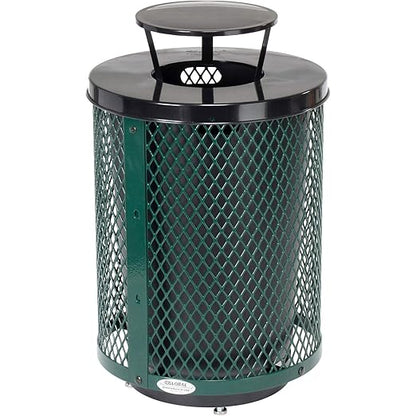 Global Industrial Outdoor Diamond Steel Trash Can with Rain Bonnet Lid, Raised Base and Plastic Liner, 36 Gallon Capacity, Green, Thermoplastic Coating, 23-1/2" Diameter, 43-1/2"H