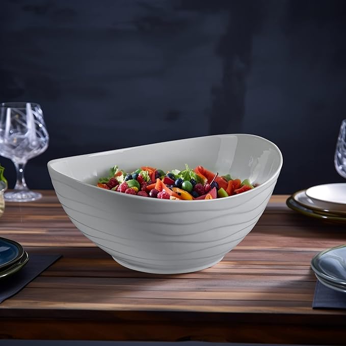 Extra Large Elegant Ceramic Oval Salad Bowl Set with Premium Acacia Wood Salad Serving Utensils - Large Capacity, Stylish and Practical, Kitchen Must-Have