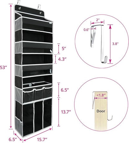Door Hanging Storage Organizer,with 3 Bins 1 Movable Baby Diaper Caddy,1 Large capacity diaper stacking storage Organizer,10 Side Pockets ,Bedroom Door Storage for Nursery Baby Essentials. (Dark grey)