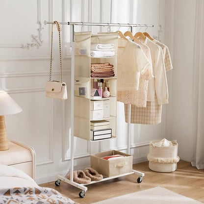 MAX Houser 5 Shelf Hanging Closet Organizer, Space Saver, Cloth Hanging Shelves with 4 Side Pockets, Foldable, Beige