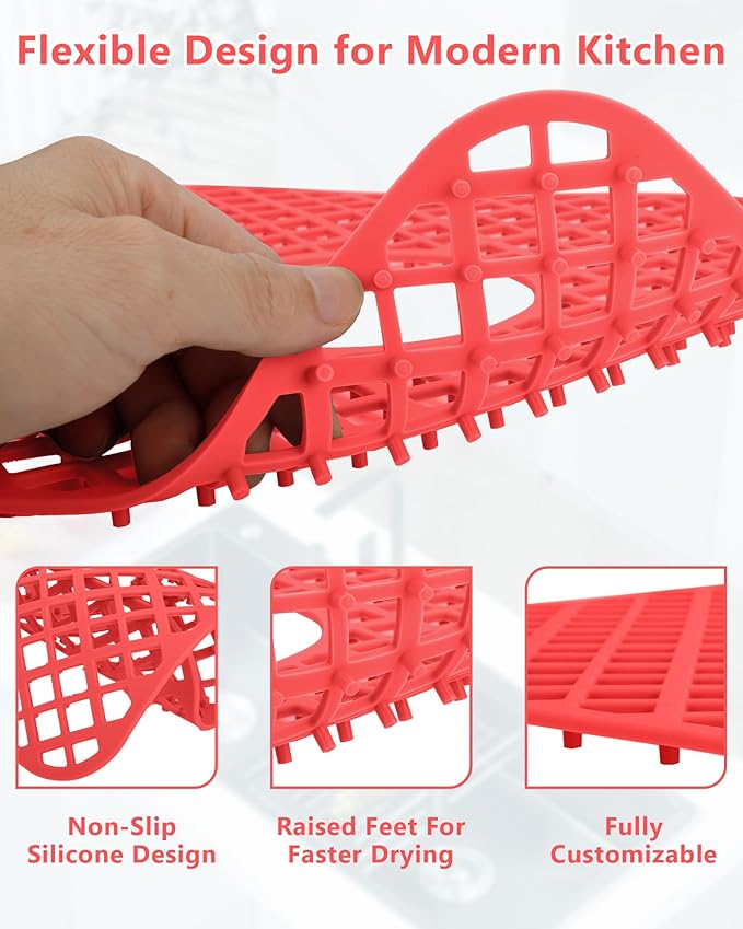 2 Pack Silicone Sink Protectors for Kitchen Sink, Lozenge Pattern 13 x 11 Inches Sink Mat, Non-Slip and Durable Sink Protector Silicone, Rear Drain, Red