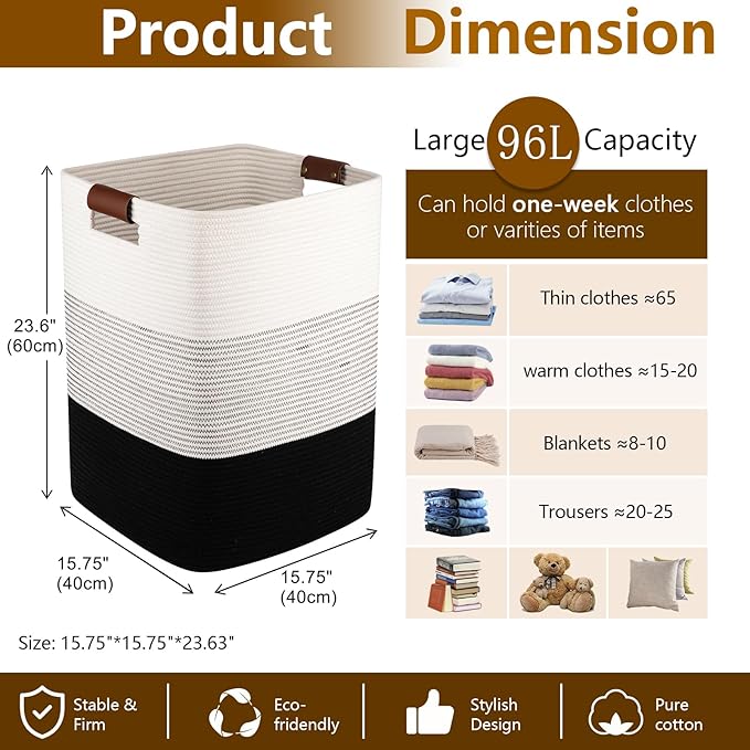 Laundry Hamper 96L Extra Large Laundry Basket, Woven Blanket Basket, Cotton Woven Storage Hamper with Handles for Living Room, Large Baskets for Pillows, Blankets, Clothes-Gradient Black