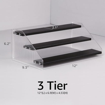 nianfeng Tiered Spice Rack, 3-Tier Spice Pantry Kitchen Cabinet Organizer, 12-Inch, Natural Wood Acrylic Stair Riser Stand, Countertop Seasoning Shelf (Black)
