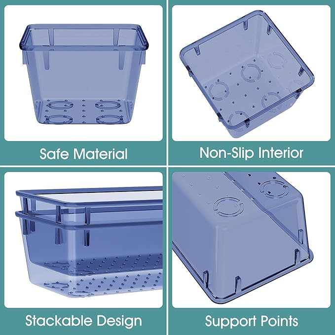WOWBOX 25 PCS Plastic Drawer Organizer Set, 4 Sizes Desk Drawer Divider Organizers and Storage Bins for Makeup, Jewelry, Gadgets for Kitchen, Bedroom, Bathroom, Office, Clear Dark Blue