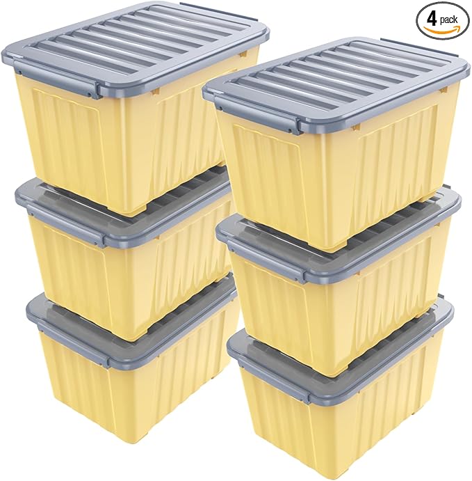 Nazhura Plastic Storage Bin, Stackable and Nestable Storage Boxes with White Lids and Secure Latching Buckles, Large Storage Container (Yellow/Purple, 72Quart-6Pack)