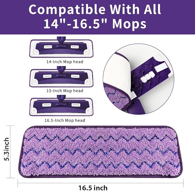 16.5 inch Mop Pads Refills, 3 Pack Microfiber Reusable Replacement Mop Pads Flat Replacements Heads for Wet Or Dry Floor Cleaning and Scrubbing, Purple Cloth