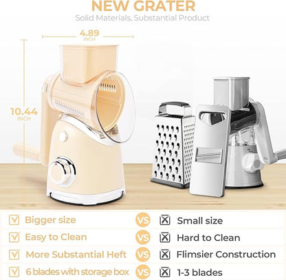 SUSTEAS Rotary Cheese Grater with Handle, Vegetable Slicer, 6 Interchangeable Blades, Reinforced Suction, Easy to Clean, Kitchen Shredder for Crushed Ice, Fruits, Nuts with Blade Storage Case, Beige