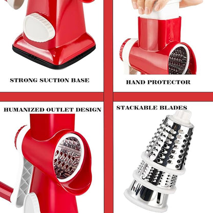 Cheese Grater with Handle, Multifunctional Manual Rotary Cheese Grater - Cheese Shredder Easily Chop Carrots, Potatoes, Vegetables and Fruits and Easy to Clean(red)