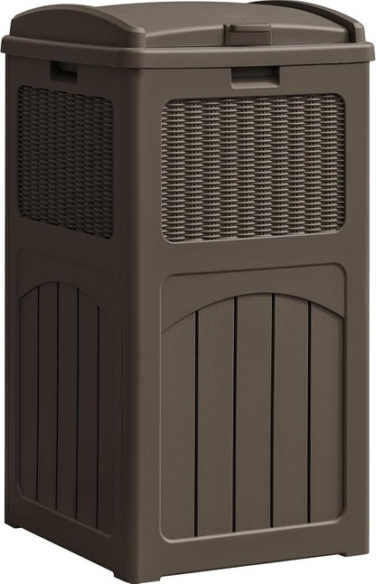 YESHOMY 33 Gallon Resin Outdoor Trash Can with Lid, Hideaway Waterproof Patio Garbage Bin, Brown