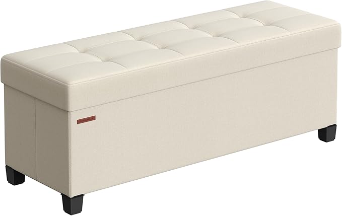 SONGMICS Storage Ottoman Bench, Foldable Foot Rest with Legs, 15 x 43 x 15.7 Inches, End of Bed Bench, Storage Chest, Load up to 660 lb, for Living Room, Bedroom, Entryway, Cream White ULSF018W01