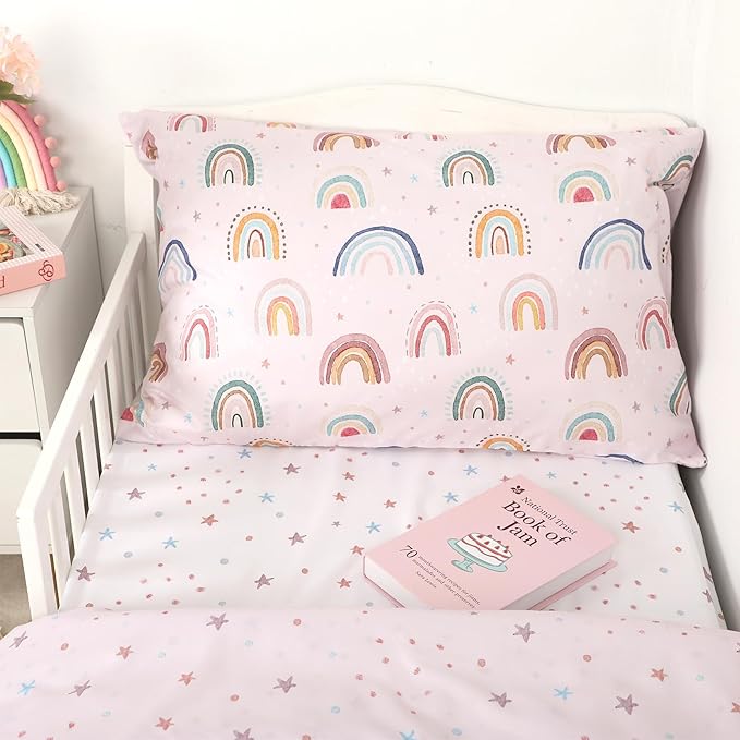 Toddler Bedding Set for Girls, 4 Piece Toddler Girl Bedding Set, Super Soft & Lightweight Pink Toddler Comforter Set Includes Comforter, Flat Sheet, Fitted Sheet, Pillowcase (Rainbow)