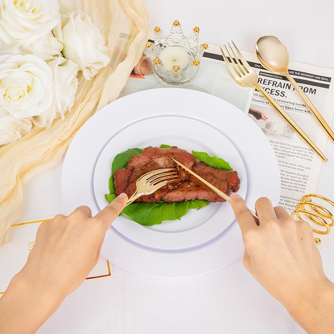 Supernal 180PCS Gold Plastic Silverware Gold Silverware Disposable Cutlery Plastic Utensils Heavy Duty Disposable Utensils Includes: 60 Knives, 60 Forks and 60 Spoons for Party, Birthday, Wedding