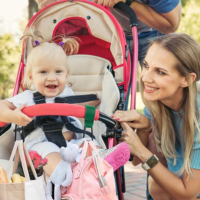 Baby Stroller Hooks Bag Hooks for Hanging Diaper Bags Multipurpose Hooks for Grocery Shopping Bags Premium Vegan Leather Pram Straps 2 Pcs (Green)