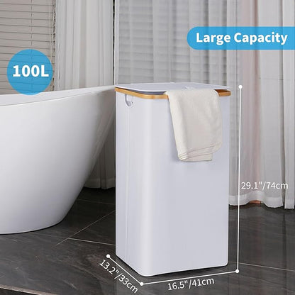 efluky Laundry Hamper with Lid, 100L Tall Laundry Basket with Bamboo Handles for Clothes and Toys, Collapsible Laundry Hamper with Inner Bag for Bedroom and Bathroom, White