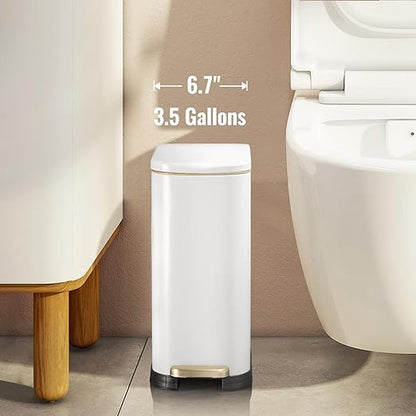 Bathroom Trash Can with Soft-Close Lid 3.5 Gallon Stainless Steel Garbage Can with Removable Inner Bucket Slim Trash Bins for Bedroom, Office(Matte White)