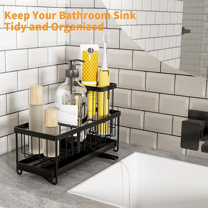 Sponge Holder for Kitchen Sink, Stainless Steel Sink Caddy with Auto Drain Tray, Kitchen Organizer with Towel Brush Holder for Countertop, Soap Dispenser Storage Accessories (Black Large)